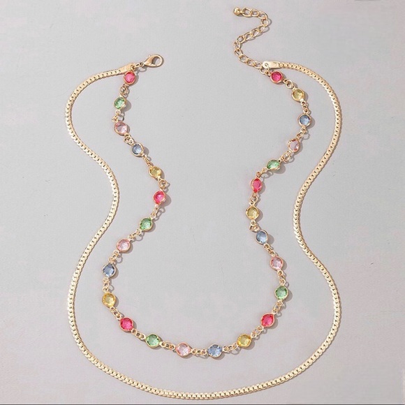 Beautiful multicolor faceted rhinestone 2 layer stainless steel gold necklace - Picture 2 of 8